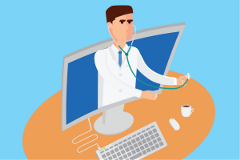 telehealth graphic depicting a physician performing a virtual health visit