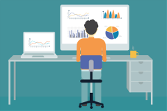 analytics graphic of a person working with data on a computer