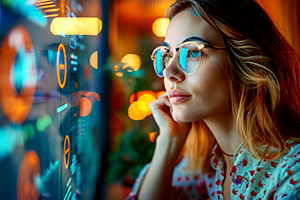 photo of a young woman considering options on a computer screen